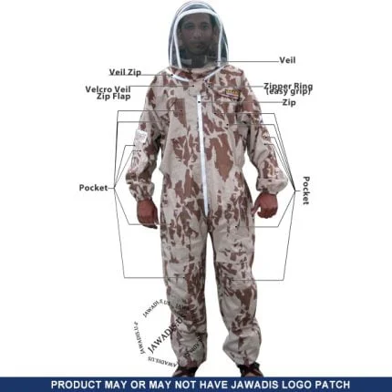 Desert camo beekeeping suit full front view with unzippable veil
