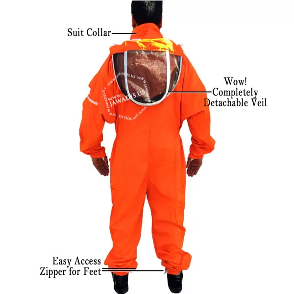Rear view of Jawadis bee keeper suit in fluorescent orange