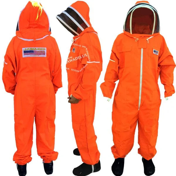 Jawadis bee keeper suit front, side, and back view in fluorescent orange