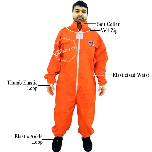Jawadis fluorescent orange bee keeper suit front view with fence veil