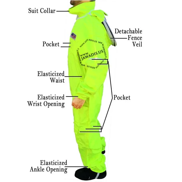 Side profile of Jawadis fluorescent yellow beekeeping suit with secure fit