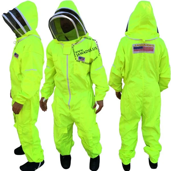 Jawadis beekeeping suit front, side, and back views in fluorescent yellow