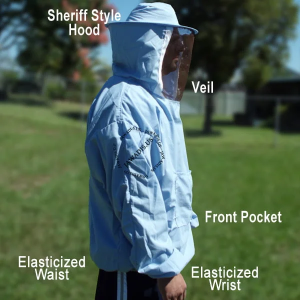 Unisex Cotton Beekeeper Jacket with Sheriff-Style Veil for Beekeeping & Garden - Solid Blue | Elastic Wrist | Lightweight