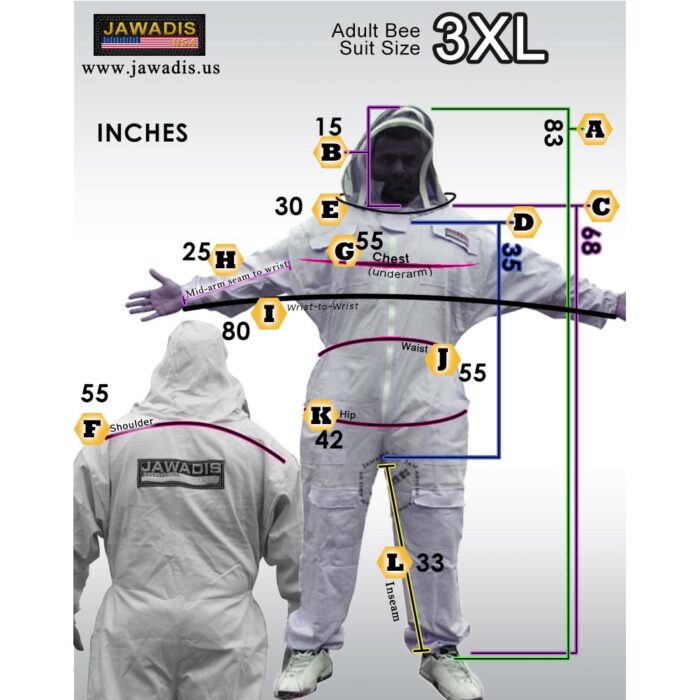 Jawadis Sizing Guide for Adult Beekeeper Suit size 3XL