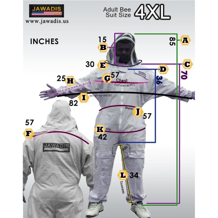 Jawadis Sizing Guide for Adult Beekeeper Suit size 4XL