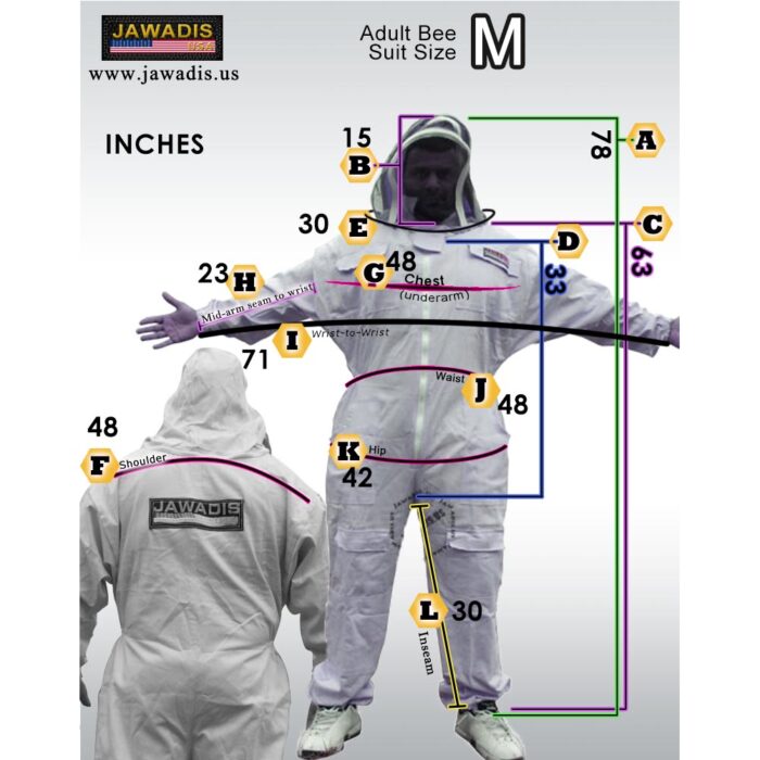 Jawadis Sizing Guide for Adult Beekeeper Suit size Medium
