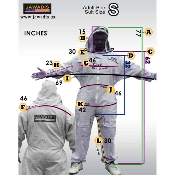 Jawadis Sizing Guide for Adult Beekeeper Suit size Small