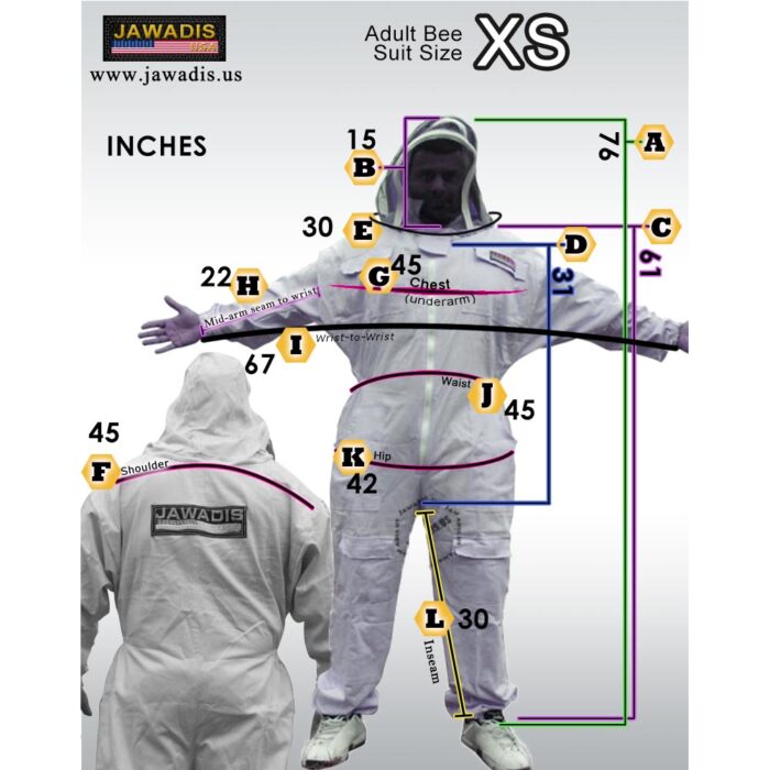 Jawadis Sizing Guide for Adult Beekeeper Suit size XS