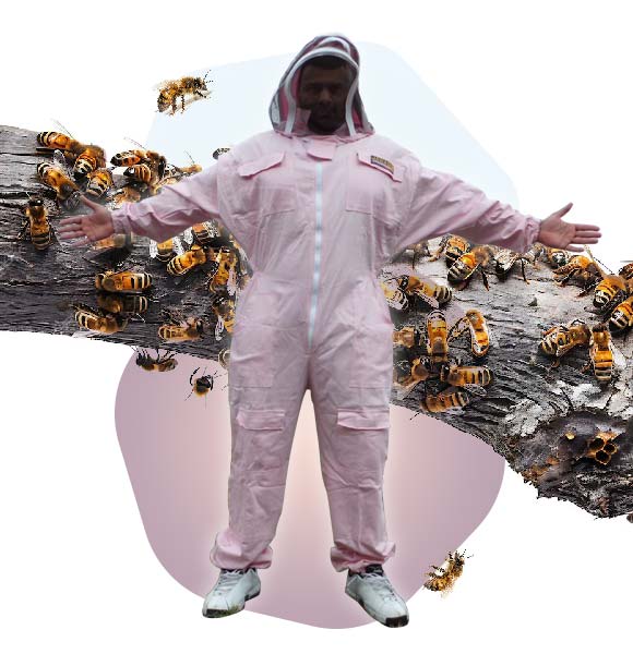 Jawadis Beekeeper Wearing Pink Suit Near Bee Hives