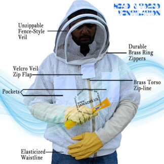 Front view of Jawadis ventilated beekeeping jacket with fencing-style veil