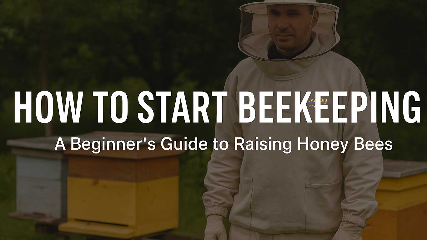 Illustration of modern beekeeping techniques with a beekeeper wearing a white suit, smart hive monitoring tools, and healthy bees flying around a wooden hive in a sunny apiary.