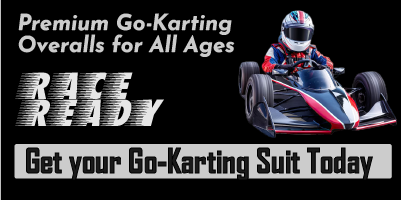 Adult and children's go-karting suits hanging on a rack.