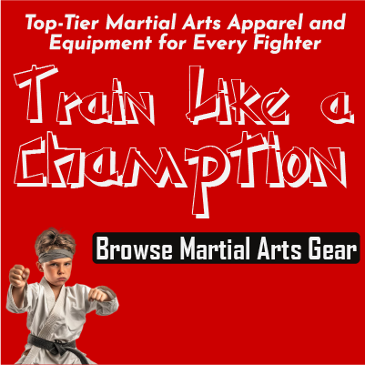 A collection of martial arts gear including boxing gloves, BJJ gis, and karate uniforms.
