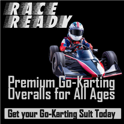 Adult and children's go-karting suits hanging on a rack.