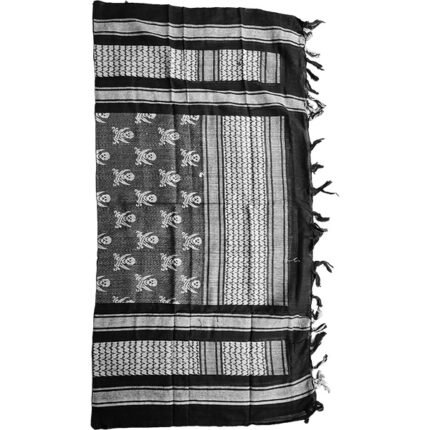 Full view of the Jawadis USA tactical shemagh scarf with pirate skull and crossed swords pattern in black and white.