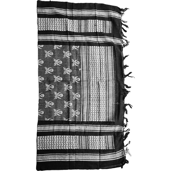 Full view of the Jawadis USA tactical shemagh scarf with pirate skull and crossed swords pattern in black and white.