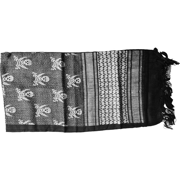Tassel fringe edge of the black and white pirate skull tactical scarf.