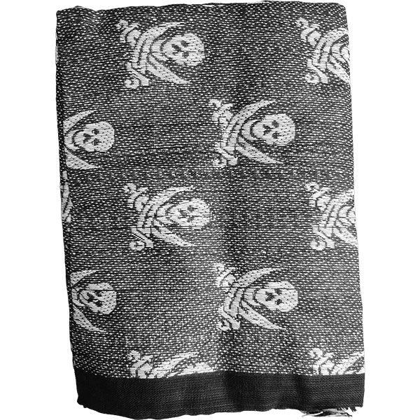 Folded view of the pirate skull tactical shemagh scarf in black and white.