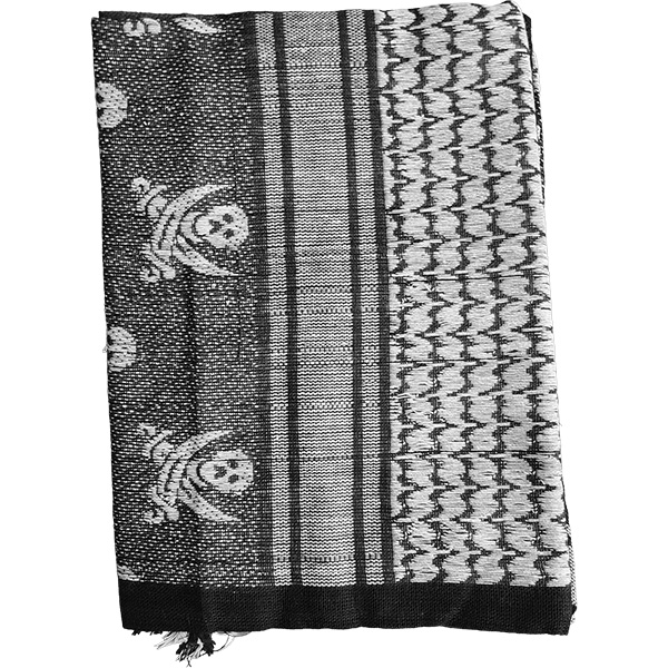 Tactical shemagh scarf with pirate skull pattern worn as a neck scarf.