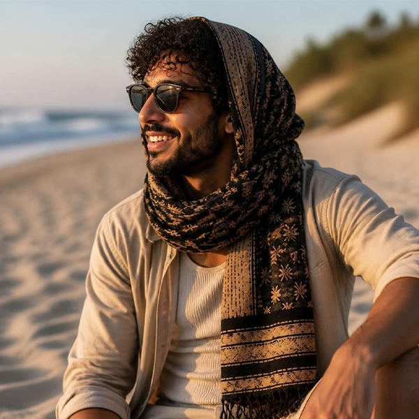 Beachgoer using tactical shemagh scarf for sun shade and neck protection.