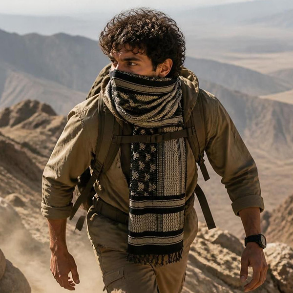 Tactical desert scarf worn as a face mask for sun and sand protection.
