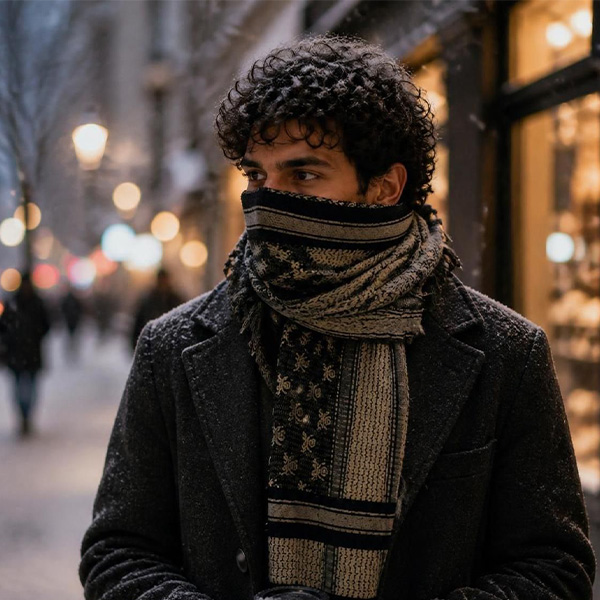 Pirate skull keffiyeh worn as a balaclava in cold winter weather.