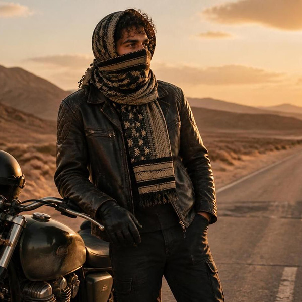 Motorcycle rider wearing pirate skull tactical scarf for wind protection.