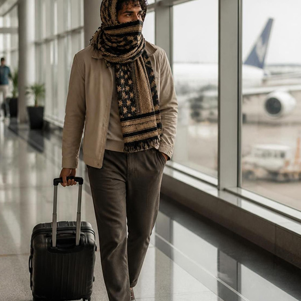 Traveler wearing black and white tactical shemagh scarf during commute.