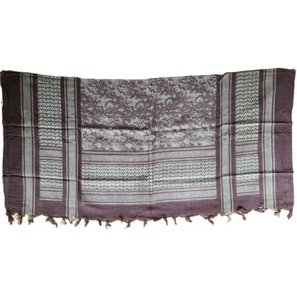 Plum woven jacquard shemagh scarf full view with geometric medallion pattern and hand-knotted tassels.