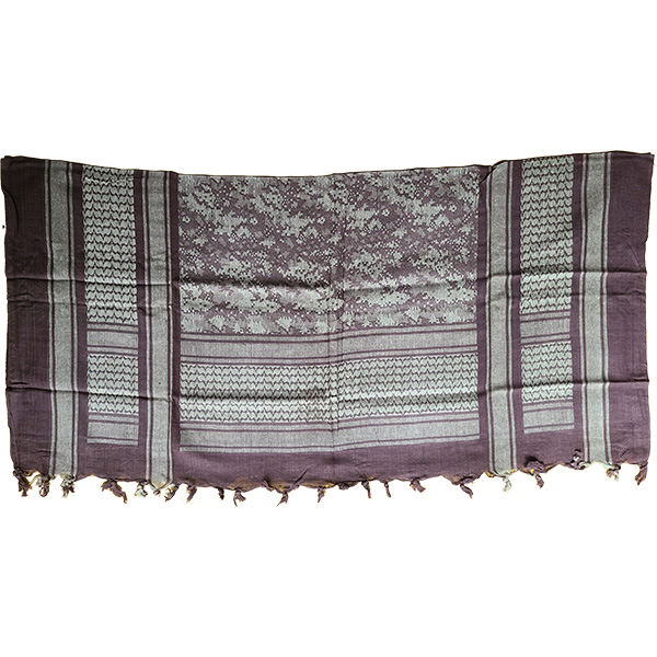 Plum woven jacquard shemagh scarf full view with geometric medallion pattern and hand-knotted tassels.