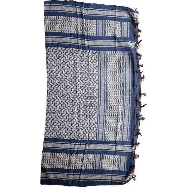 Blue and white keffiyeh shemagh scarf full view with fringed edges and traditional fishnet pattern