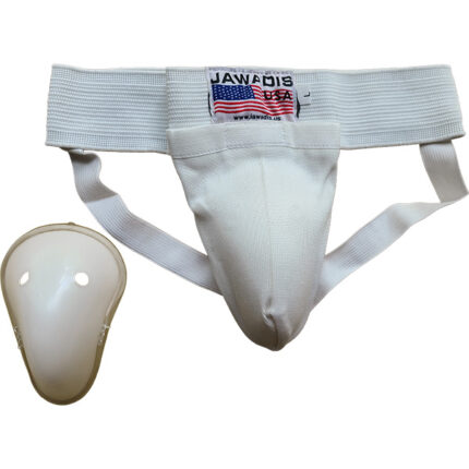 Jawadis USA white groin cup guard athletic cup with removable plastic shell and wide elastic waistband