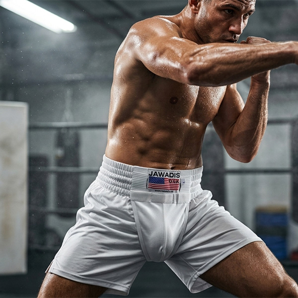 Jawadis USA boxing cup groin cup guard worn by male boxer in gym with white athletic cup and wide waistband