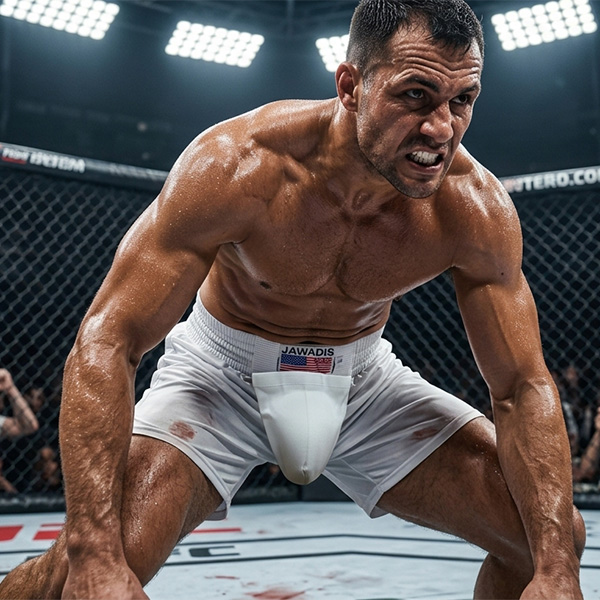 MMA groin guard by Jawadis USA worn by male fighter in octagon with removable plastic cup and secure leg straps