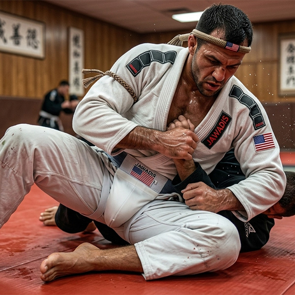 BJJ groin guard by Jawadis USA worn by male grappler on mats with white groin protector and removable cup