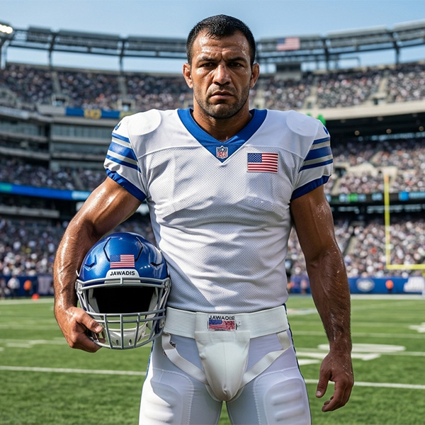 Football contact sports cup by Jawadis USA worn by male football player in uniform with groin cup guard