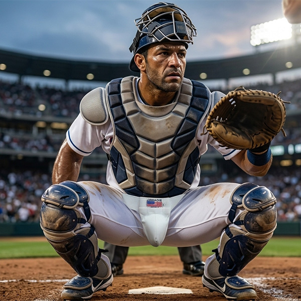 Baseball protective cup for men by Jawadis USA worn by male catcher with athletic cup and groin protector