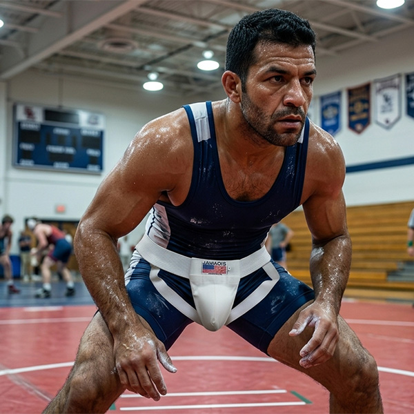 Wrestling groin protector by Jawadis USA worn by male wrestler in singlet with adjustable groin protector