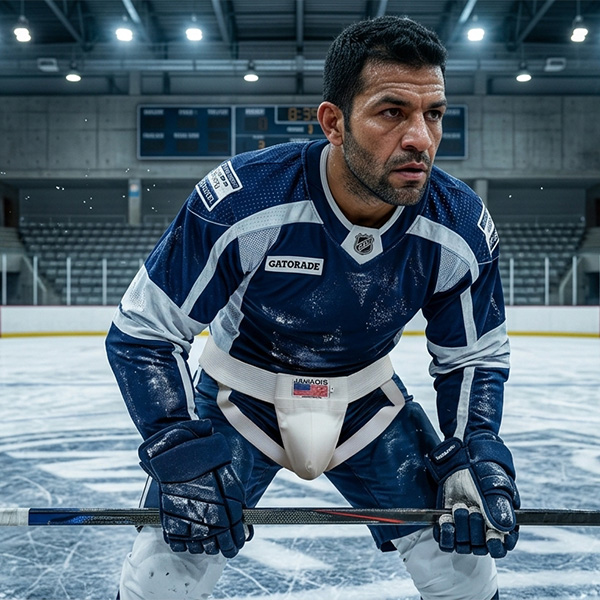 Hockey contact sports cup by Jawadis USA worn by male hockey player on ice with groin cup guard