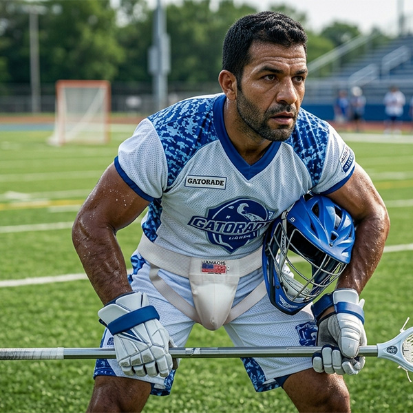 Lacrosse athletic cup by Jawadis USA worn by male lacrosse player with white groin protector and removable cup