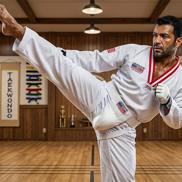 Taekwondo groin cup guard by Jawadis USA worn by male athlete performing high kick with removable plastic cup