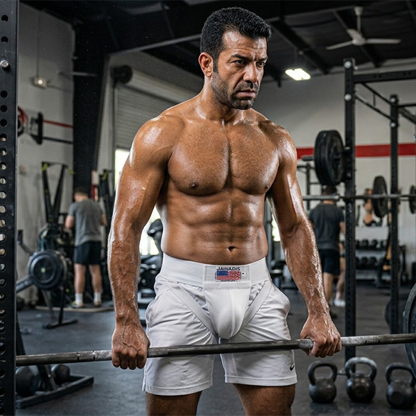 Jawadis USA training groin protector worn by male athlete with adjustable groin protector and athletic cup