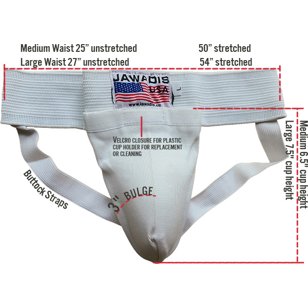 Jawadis USA groin cup guard sizing diagram labeling the buttock strap, bulge height, and Velcro closure for Medium and Large white athletic cup